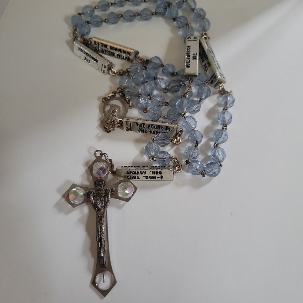 Vintage Italy Blue Acrylic Rosary Mysteries Bars Crucifix Necklace 32"  70s